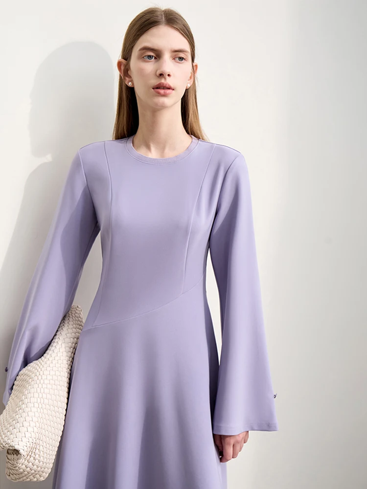 AMII Minimalist Dress For Women Autumn New 2023 Slim Waist A-line Round Neck Spliced Office Lady Flare Sleeve Vestidos 12323131