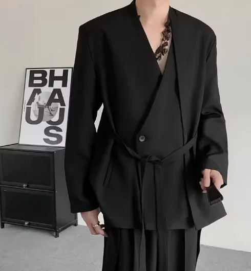 

2025 Spring Niche Suit Darkwear V-neck Chinese Men's Suit Jacket Solid Color Korea Fashion Male Tops