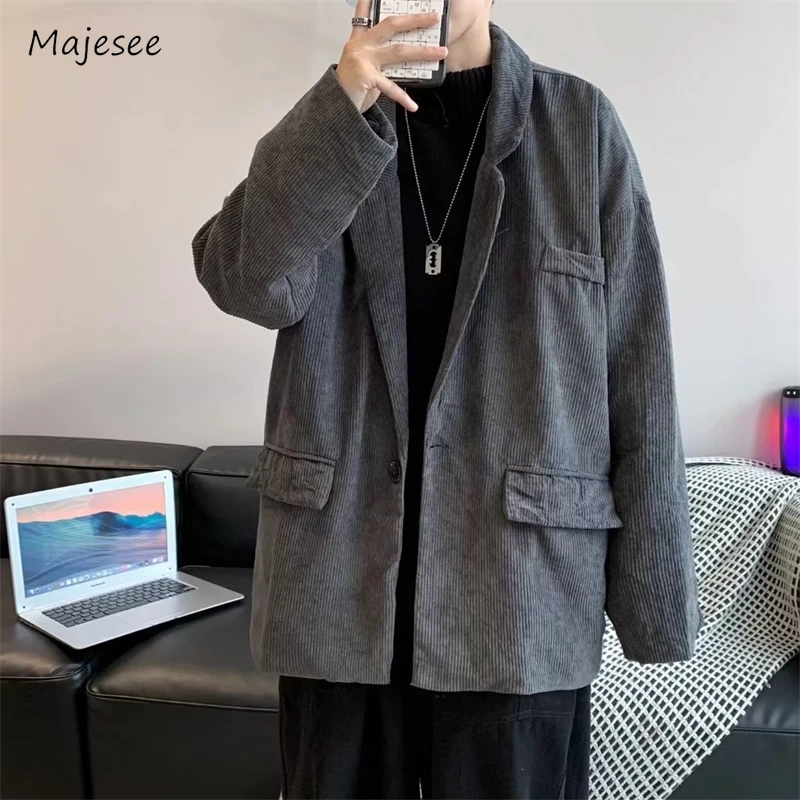 Men Blazers Streetwear Retro Casual Daily Autumn Warm Pleated Single Button Multi Pockets Korean Style Male Fashion Outerwear