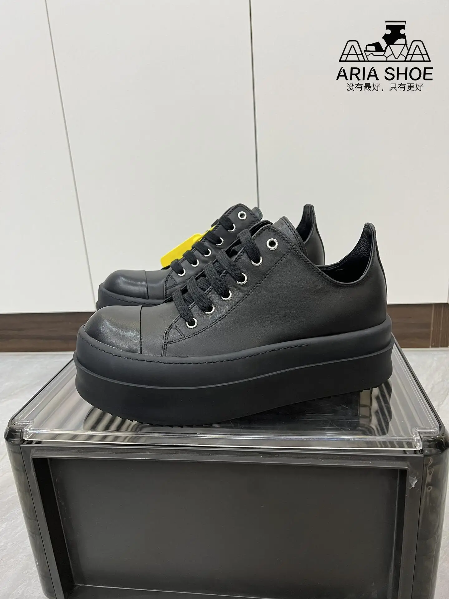 Ricks Shoes Men Classic Thick Sole All Black Cowhide Lace-up Low Top Casual Shoe Owens Women Genuine Leather Sneakers Owens Shoe