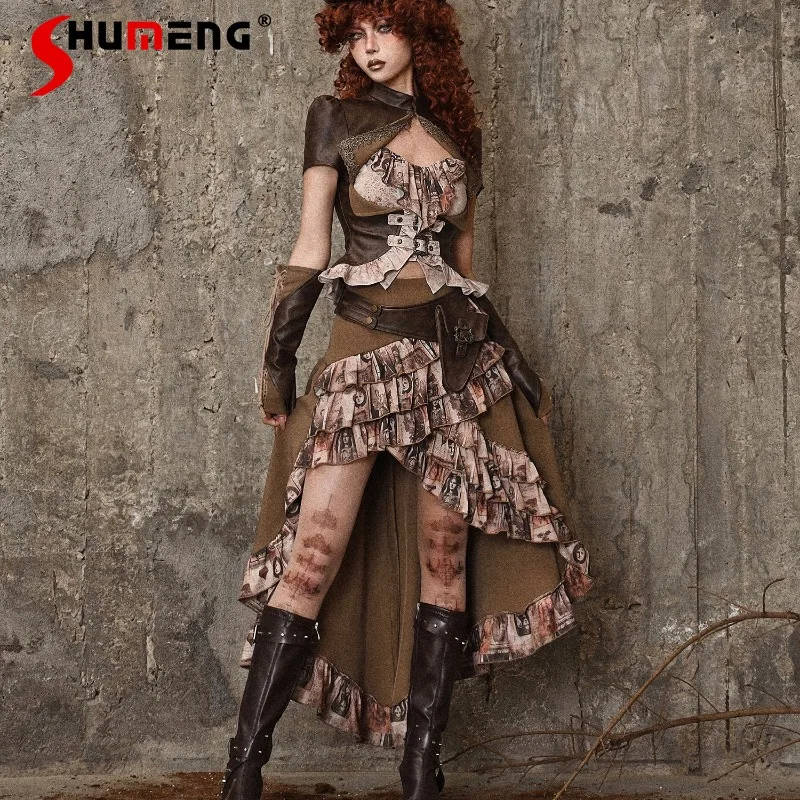 2024 Summer New Japanese Style Steampunk Pu Distressed Retro Trailing Waist Bag Ruffled Irregular Front Short Back Long Skirt