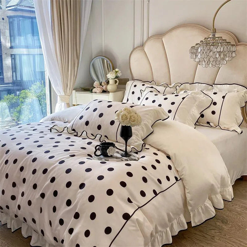 Washed Cotton White Black Dots Bedding Set, Teens Adults Fashion Girly Duvet cover Bed Sheet Pillowcases Double Queen King 4Pcs