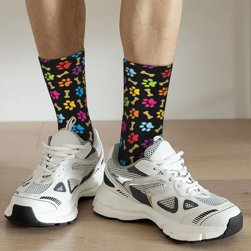 Unisex Paw Print Crew Socks, Novidade, Colorido, Dog Pattern, Primavera, Verão, Outono, Vestido de Inverno
