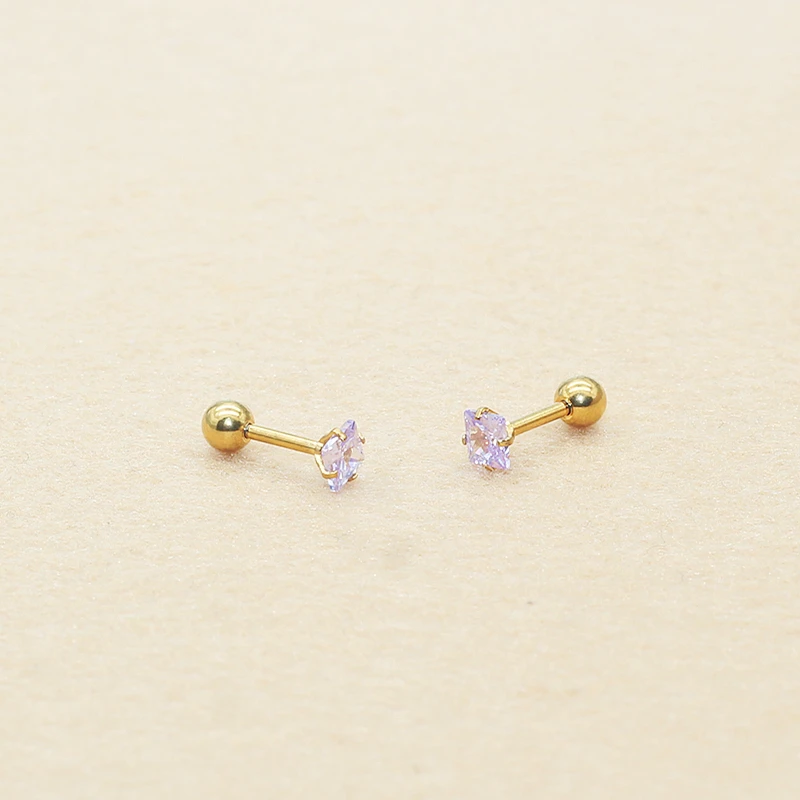 Edelstahl-Ohrstecker, Nadel, 1,2 x 6 mm, 4 mm, lila, AAA-Zirkonia, für Damen, mit Schraubverschluss, hypoallergen, minimalistischer Schmuck. – Detail 1