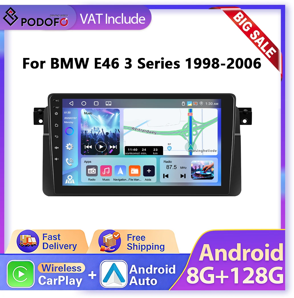 Autoradio Android 2DIN da 9" Podofo con CarPlay, stereo intelligente per auto BMW E46 1999-2005, lettore multimediale per auto con GPS, 4G, WIFI, supporto SWC, BT, FM, RDS, amplificatore subwoofer,