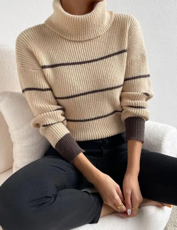 2025年秋冬 ハイネックストライプニットセーター レディース カジュアル エレガント 通勤 長袖ニットセーター