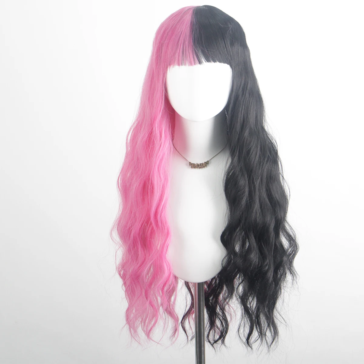 Women's Black Pink Mixed Color High-Quality Synthetic Long Curly Hair Wig with Fashionable Qi Bangs for Party Wear