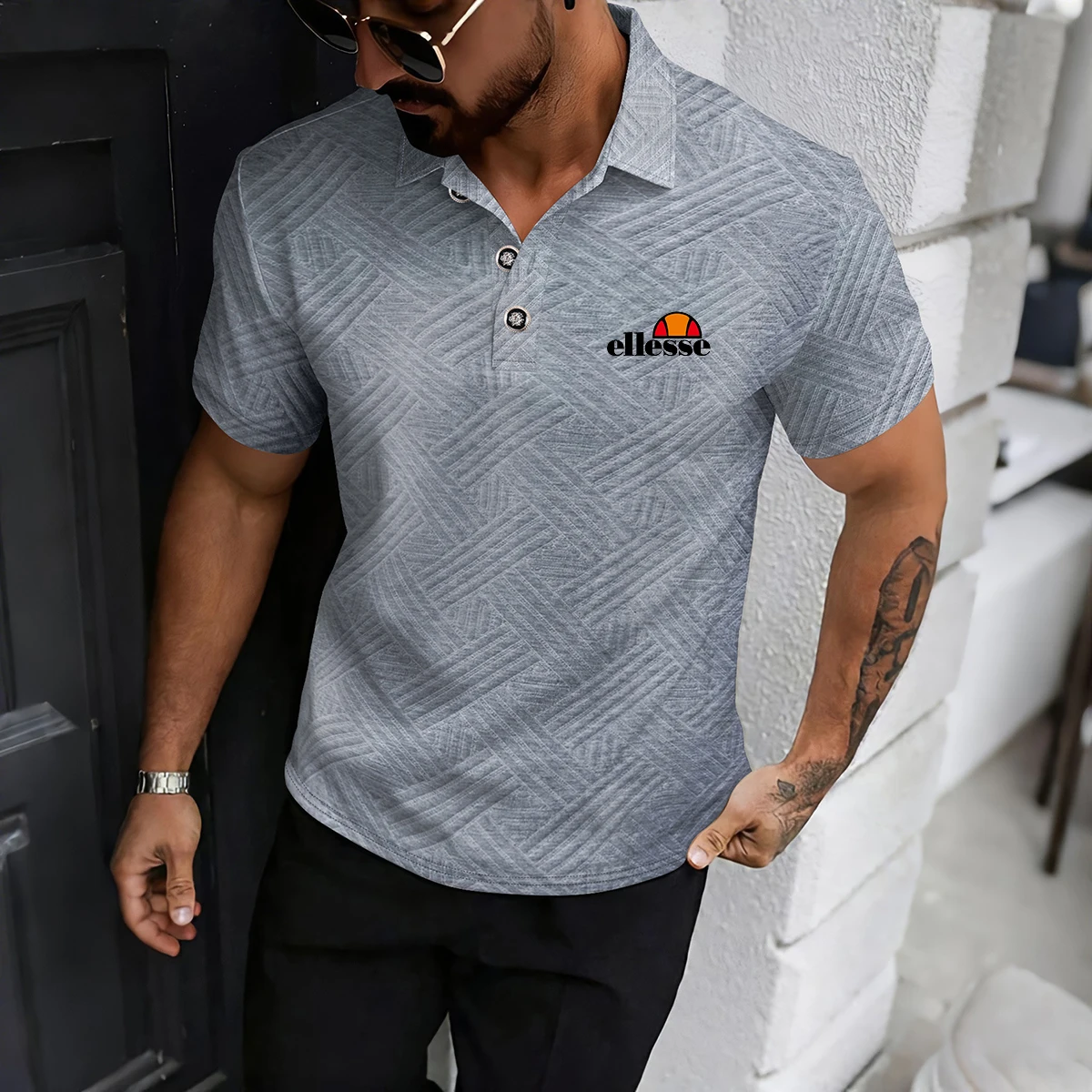 Premium Men's Polo Shirt, 3D Diamond Jacquard Texture, Turn-Down Collar Button Placket, Slim Fit Silhouette