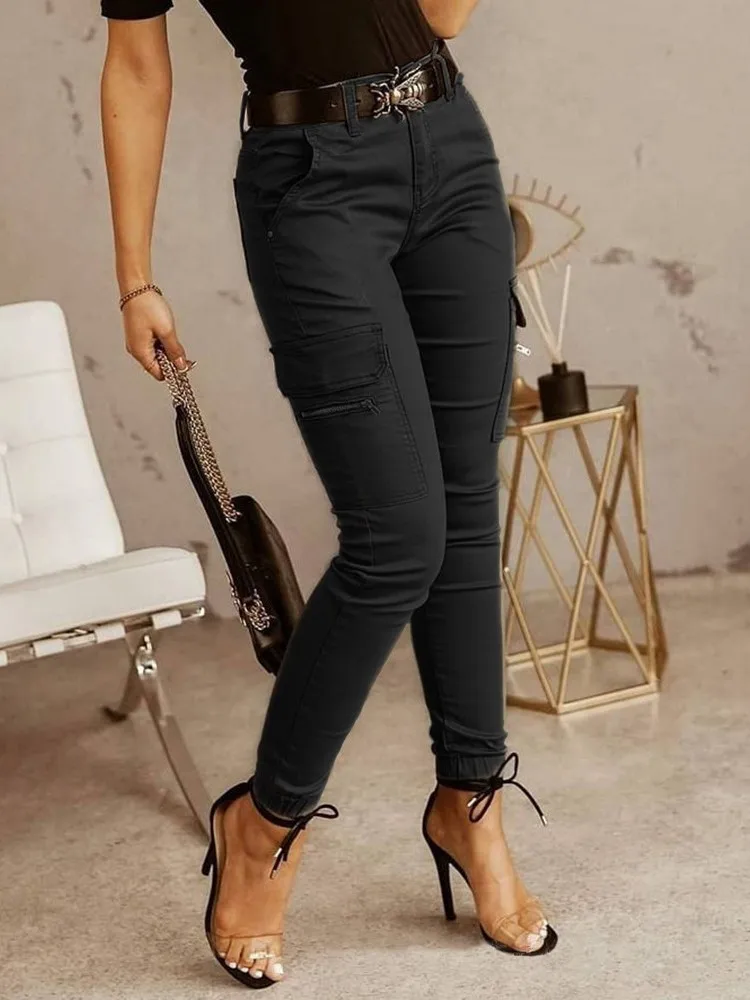 Moda mulher calças de trabalho primavera outono casual multi-bolso apertado pé calças de cintura baixa botão cor sólida leggings femininas