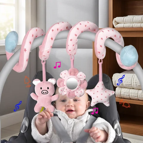 Car Seat Infant Baby Spiral Activity Hanging Toys Stroller Bar Crib Bassinet Mobile with Mirror BB Squeaker and Rattles