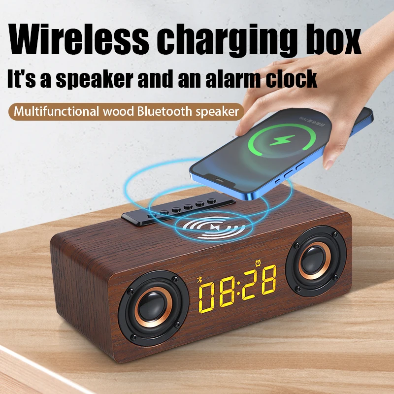 

Fast Wireless Charger Wooden Wireless Bluetooth Speaker Alarm Clock with Subwoofer 3D Stereo Boombox Sound Bar for Computer TV