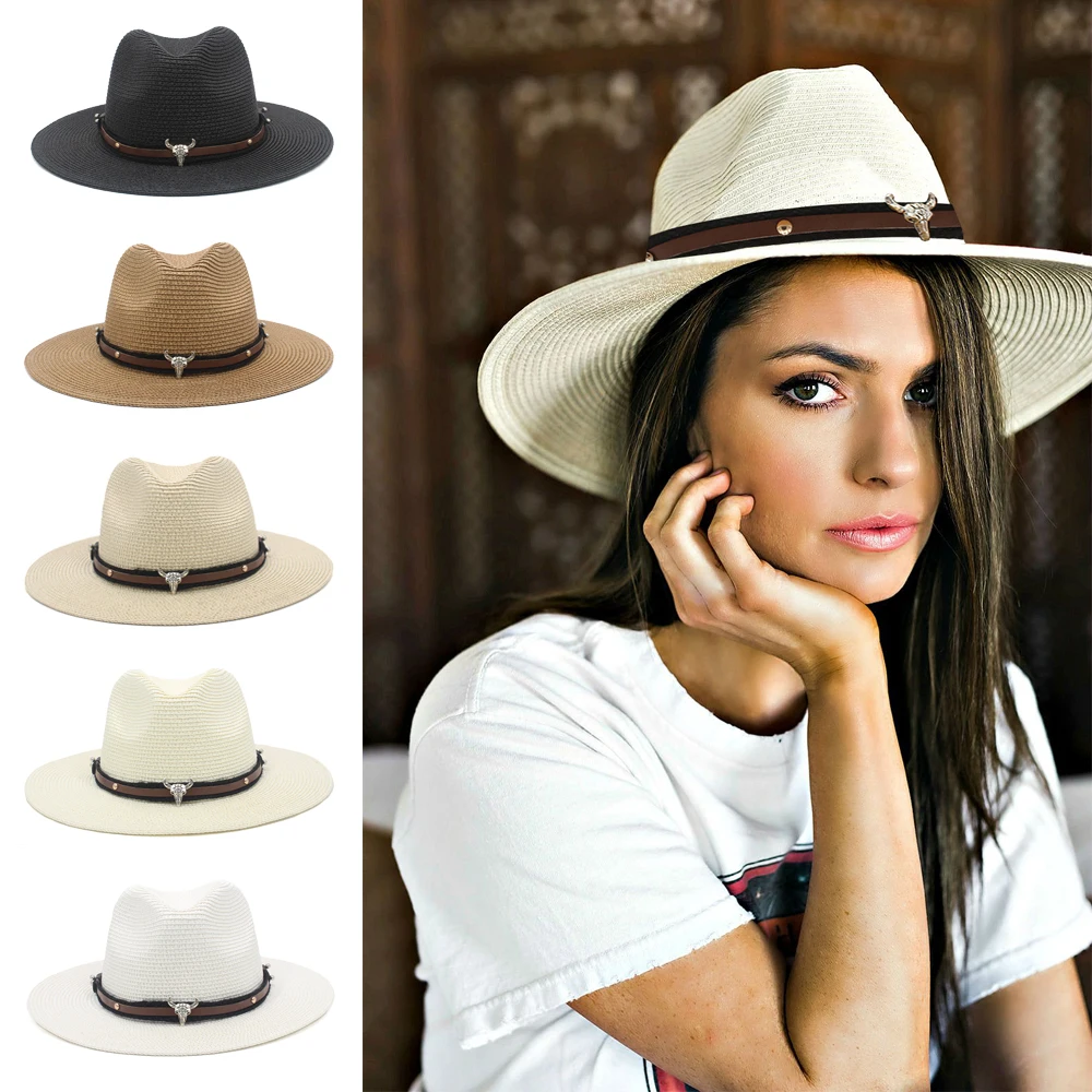 2 Sizes Unisex Men Women Soft Straw Panama Hats Summer Fedora Wide Brim Sunhats Trilby Caps Outdoor Beach Travel Sombrero UK M-L