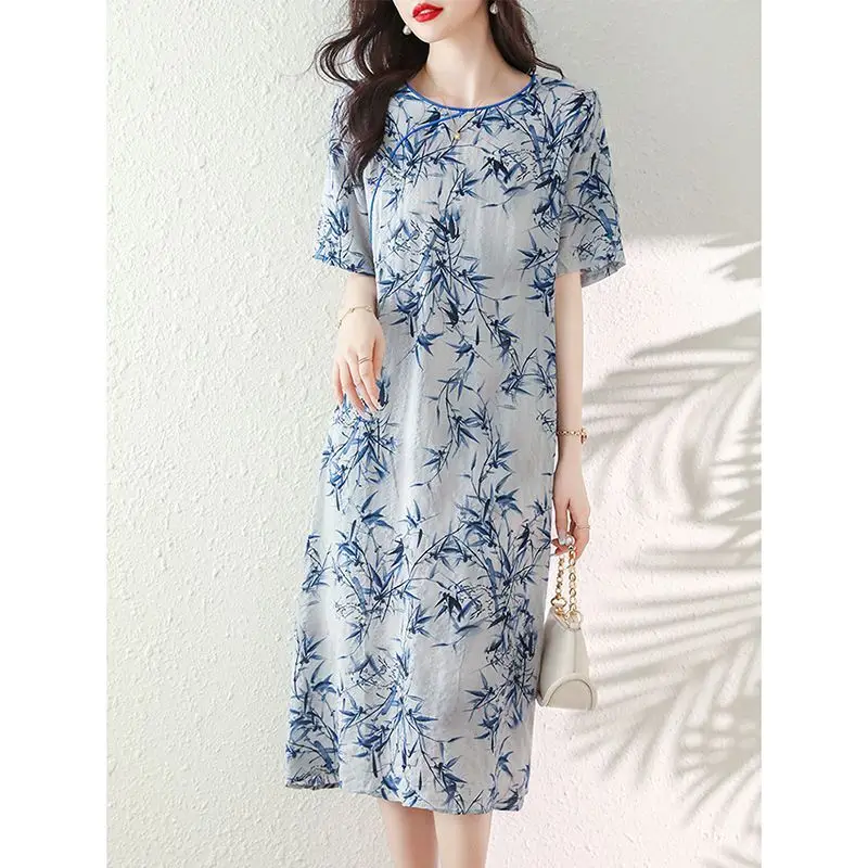 

Women Summer Chinese Style Elegant Loose Printing O-neck Short Sleeve Midi Dress Ladies Casual Appear Thin All-match Trend Dress