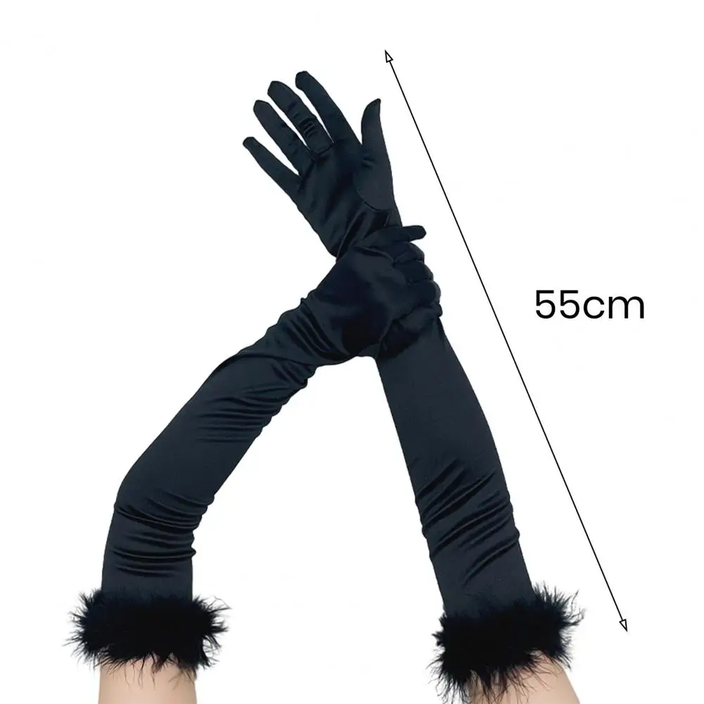 Women Half-sleeve Gloves Elegant Satin Prom Party Gloves for Women Soft Hair Decor Over Elbow Length Anti-slip for Formal