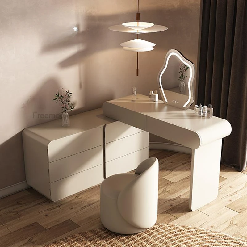 

Modern Bedroom Table Combination With LED Large Mirror Versatile Cabinets Large Capacity White Solid Wood Dresssing Table