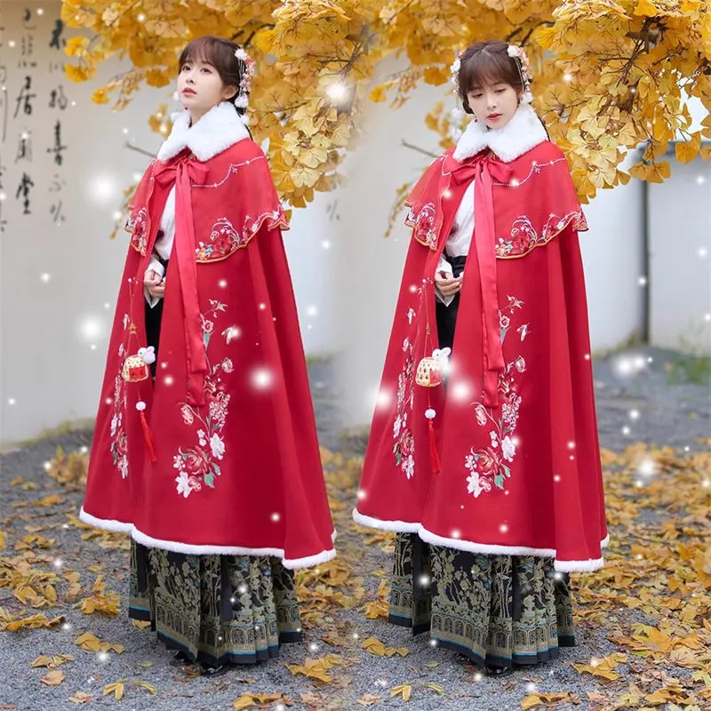 Original Hanfu Women Red Winter Chinese Style Retro Embroidery Plush Thickened Cloak Large Size Loose Woolen Coat Cape Z3772