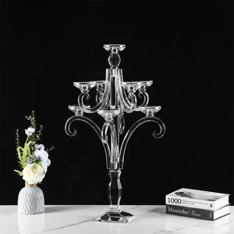 New design 9-arm wedding table glass crystal candlestick lantern and candle jar with lampshade