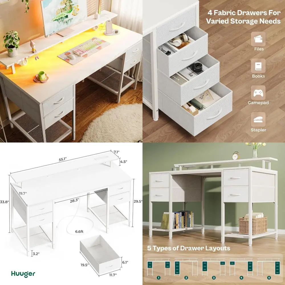 

Spacious 55 Inch Gaming Computer Desk with 4 Drawers, LED Lighting, and Power Outlets for Home Office Storage