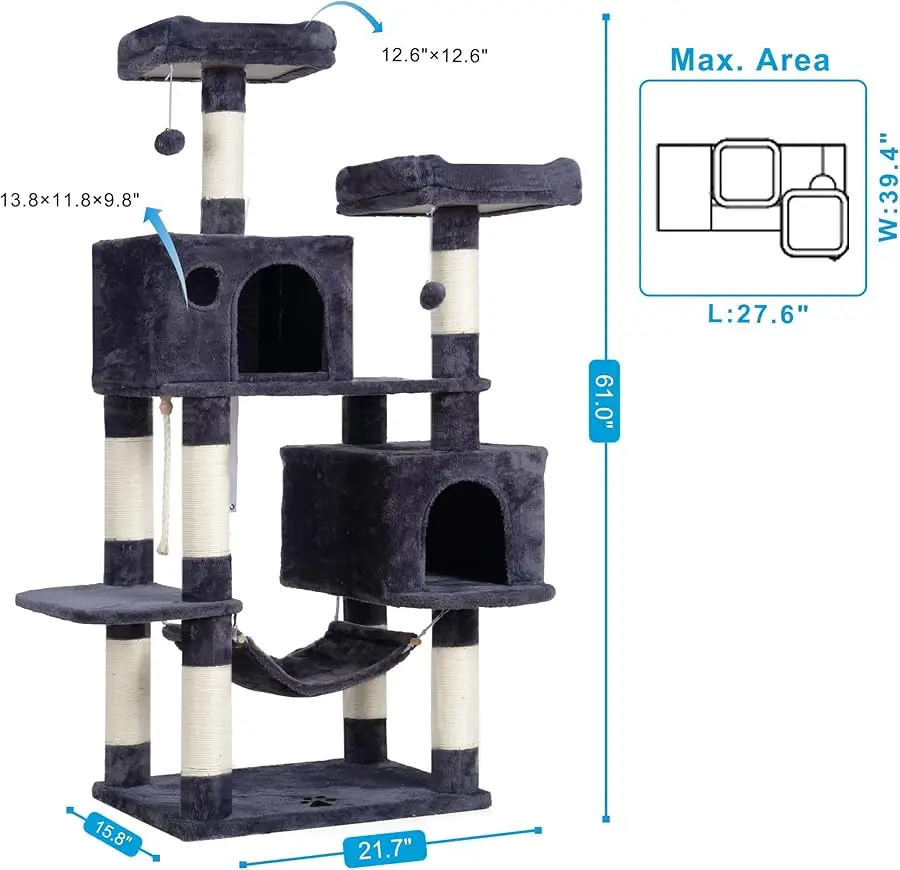 أثاث شجرة القطط الكبيرة متعددة المستويات من Hey-brother مع أعمدة خدش مغطاة بالسيزال، 2 كوندوس قطيفة أكبر، أرجوحة جثم #2