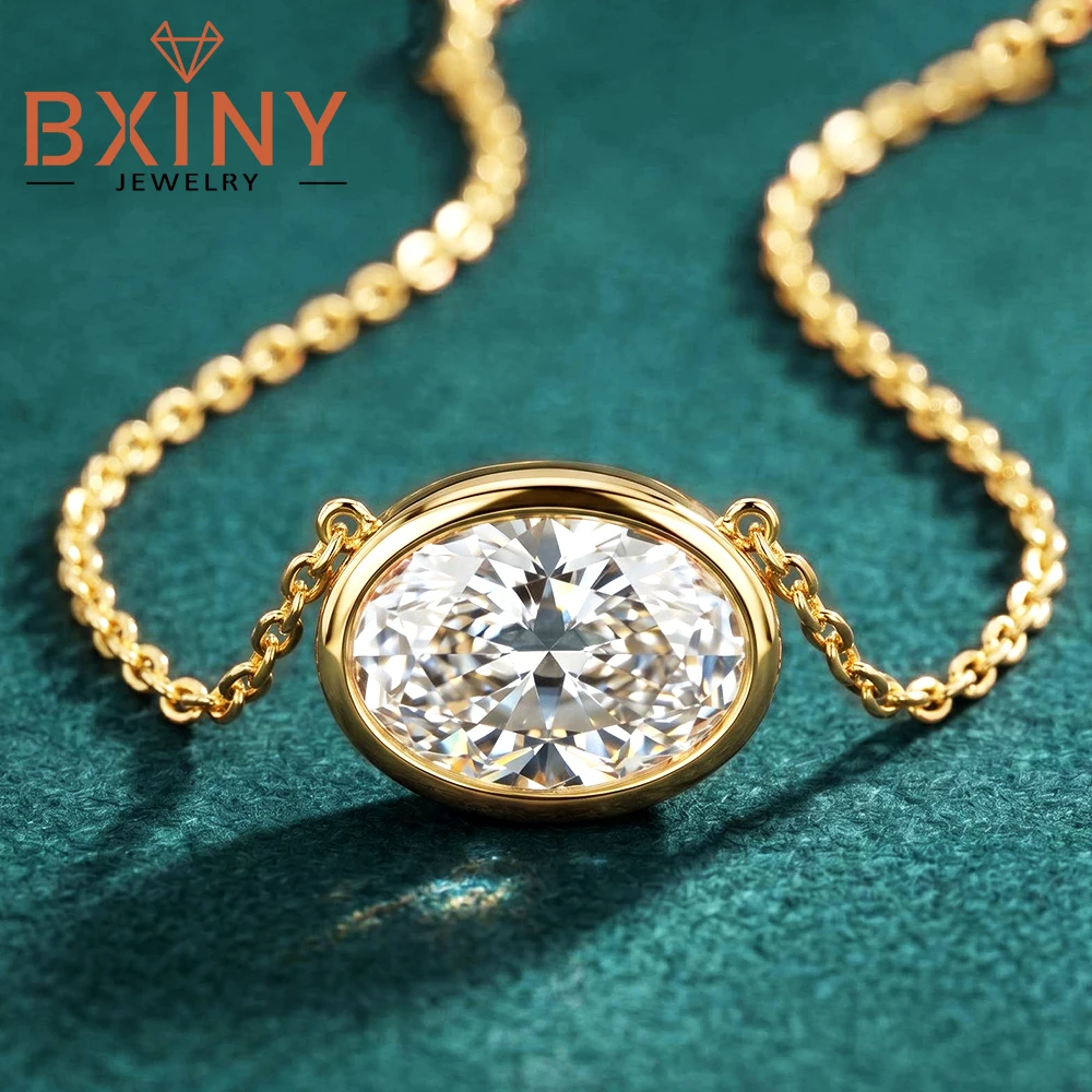 

BXINY 1.5CT Bezel Set Oval Cut Moissanite Pendant Necklace S925 Silver Solitaire Diamond Neck Chain for Women Fine Jewelry Gifts