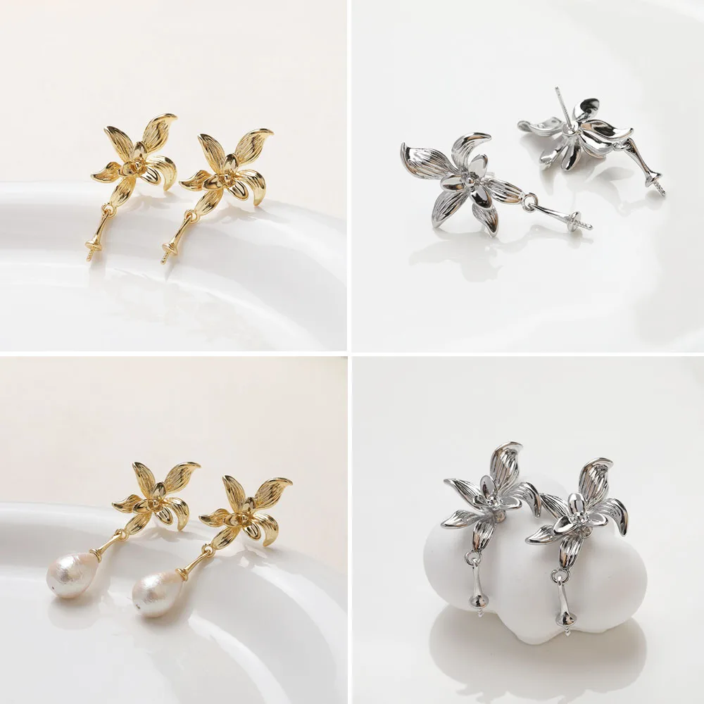 2PCS 14K Gold Plated Flower Earrings With Bead Cap Ear Stud Jewelry Accessories Materials