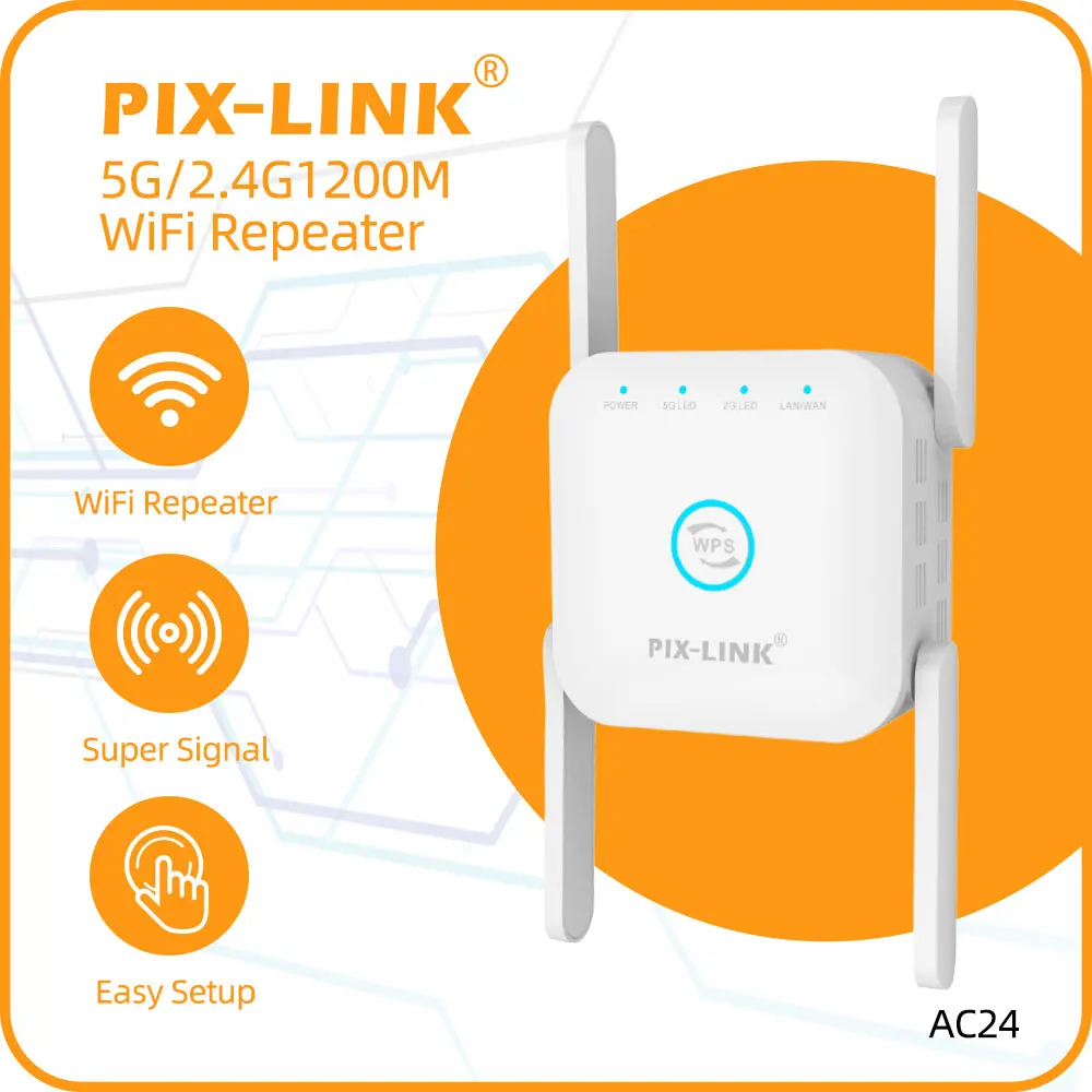 PIXLINK AC24 5G/2.4Ghz 1200M Dual WiFi Extender Repeater Wireless Wi-Fi Amplifier Long Range Wi Fi Signal Booster Wifi Repiter