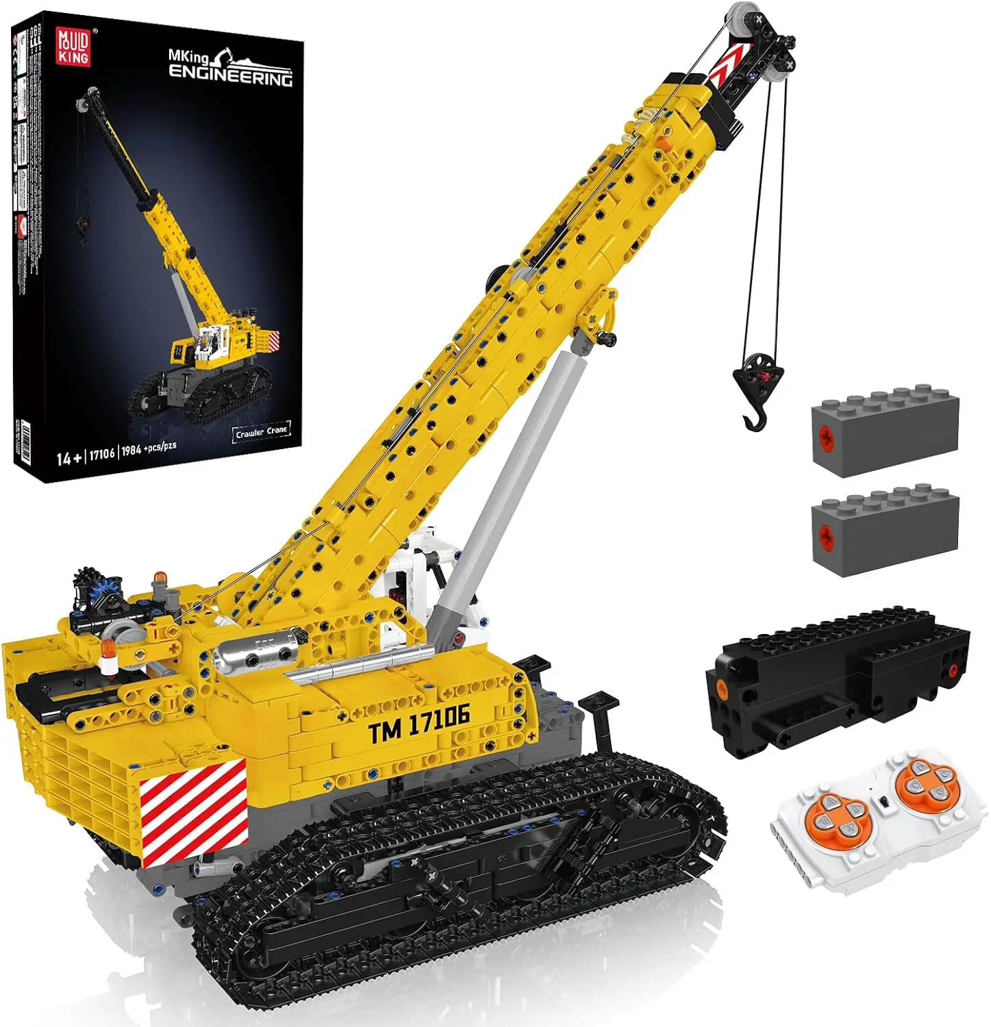 Mould King 1984 Pieces Technik Crawler Crane Clamping Blocks Kit, 17106 Crane Model with  360° Rotation, Movable Boom