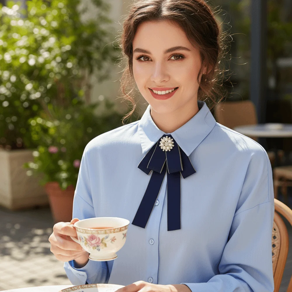 Accessory Pearl Accent Women's Bow Tie Adjustable Elegant Butterfly Knot Tie Neck Decoration College Style