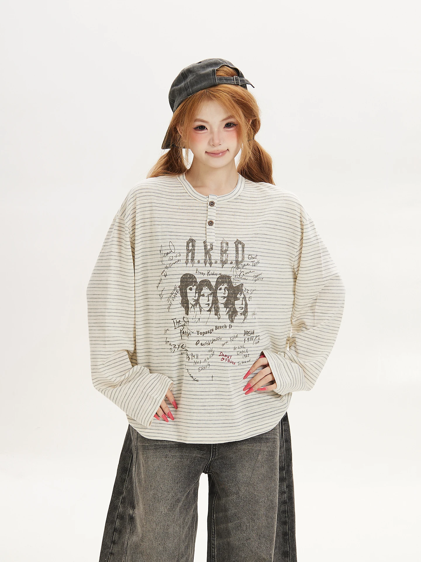 Ant American Retro Striped Print Long Sleeve T-Shirt Women's Spring Autumn Loose round Neck Overhead Top Trendy Brand Cotton