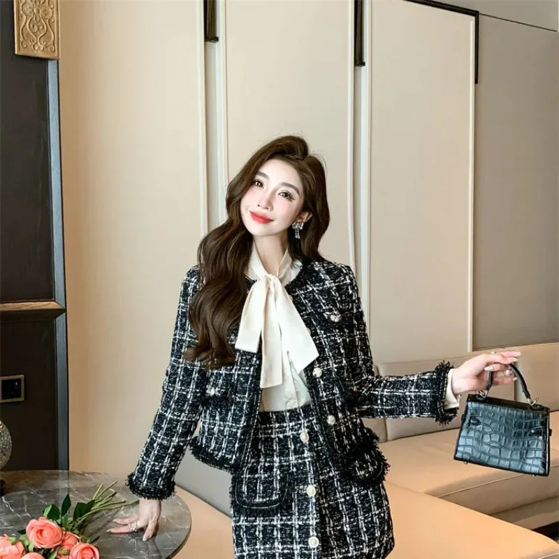 2024 Autumn Winter New Chic Two-Piece Skirt Women's Fashion Loose Burrs Elegant Sweet Tweed Jacket+Skirt Female Two-Piece Suit