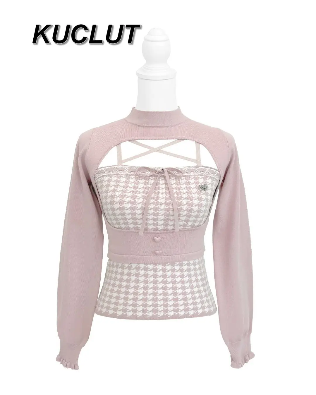 일본 스타일 패션 여성 니트 셔츠 가을 겨울 신상 하운드투스 레이스업 니트 조끼 세트