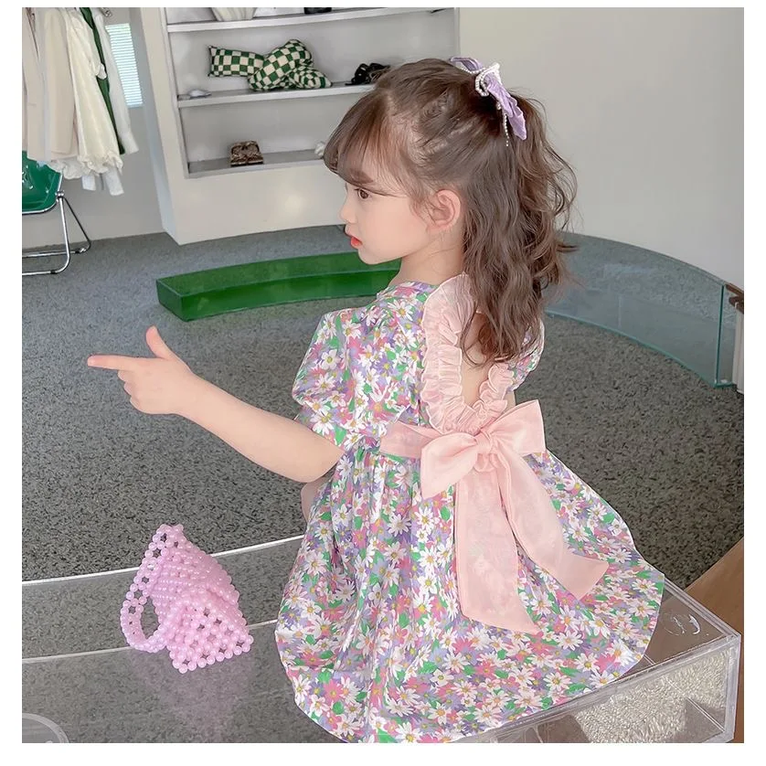 2-6 Years Summer Girls Dress Full Print Flower Heart-shaped Leaky Back Princess Dresses For Girl Children Birthday Party Custum