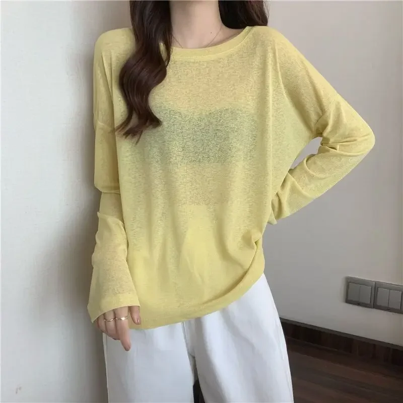 Camisetas transparentes femininas soltas moda coreana verão à prova de sol lazer ajuste limpo all-match manga longa respirável preguiçoso ulzzang