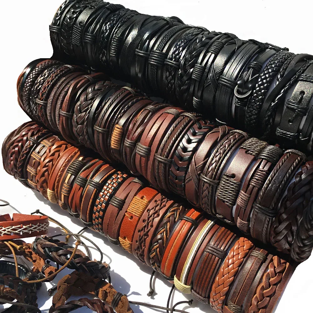 50PCS/set Wholesale Lots Bulk Random Punk Men\'s Leather Bracelets Femme Pulseras Bileklik Couple Bracelet Men Jewelry WP2