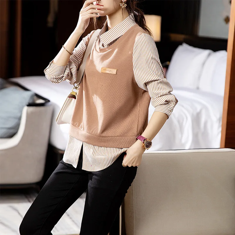 #4729 Khaki False Two Piece Sweatshirts Women Shirt Sleeve Polo Collar Vintage Office Hoodies Sweatshirt Tops Pullovers Spring