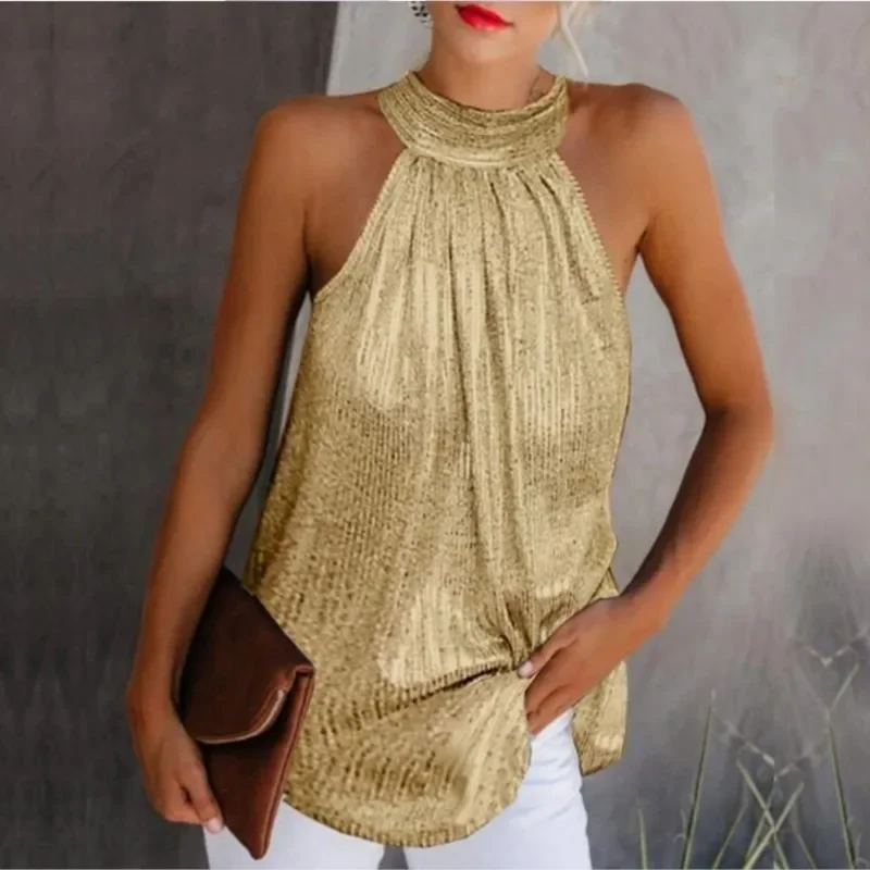 

Women's Fashion Shiny Halter Neck Tank Tops Summer Casual Solid Color Sleeveless Vest T Shirt Ladies Blouse Black Gold Silver