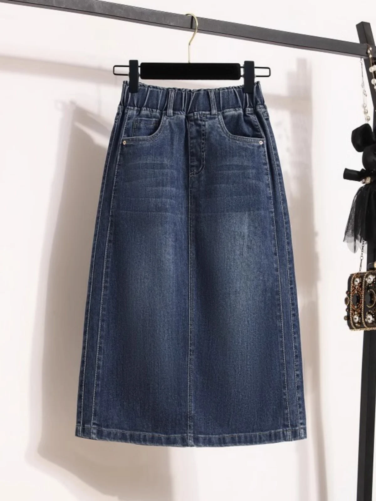 

plus Size Women's A-Line Denim Skirt High Waist Elastic Waist Materni Skirt Slimming Split Midi Skirt for plus Size Women