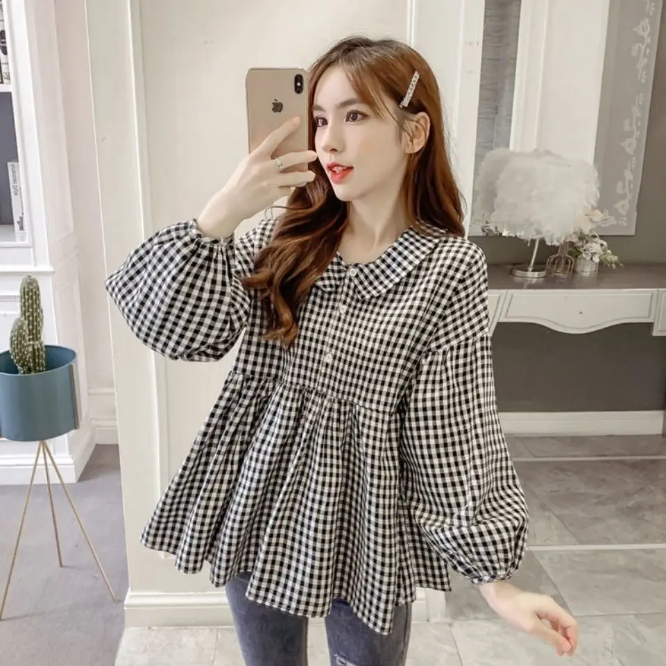 Pullovers Buttons Printing Plaid Office Lady Young Style Cute Fashion Loose Long Sleeve Sweet Women\'s Clothing O-neck Blouses