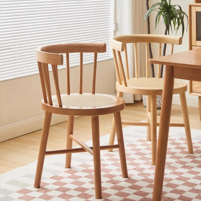 Scandinavian Rattan Weaving Solid Wood Dining Chair Vintage Comfortable Backrest Stool for Balcony