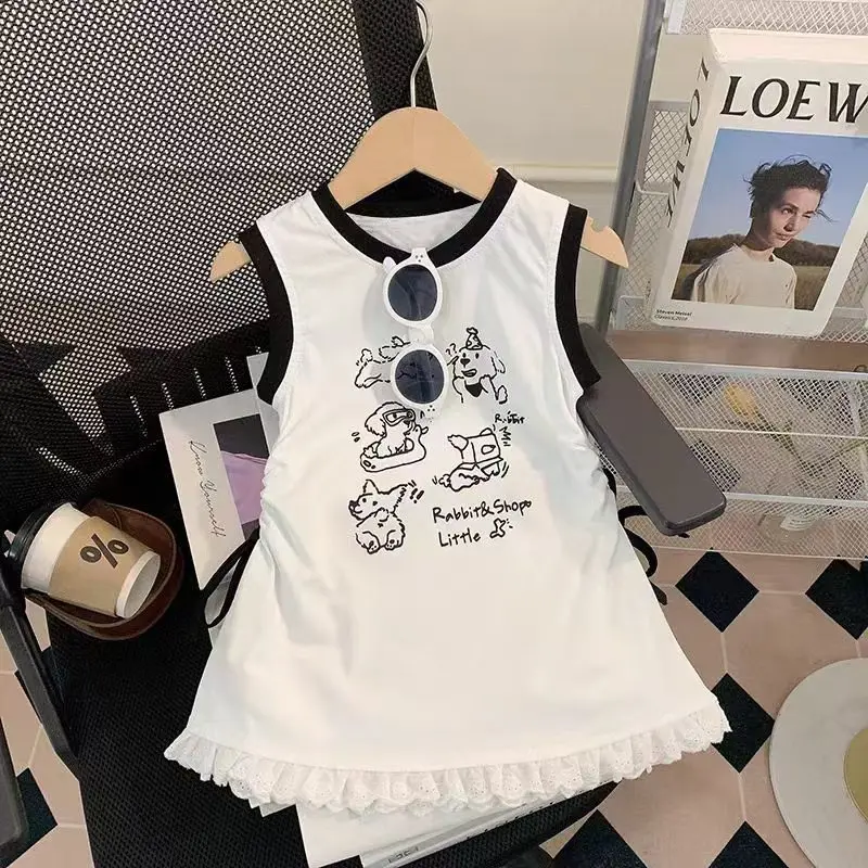 

Cute Faionable Girl's Summer Svel Vest Dr Sweet Sle round Ne Pure Color Trendy T-irt Skirt for Baby Girls