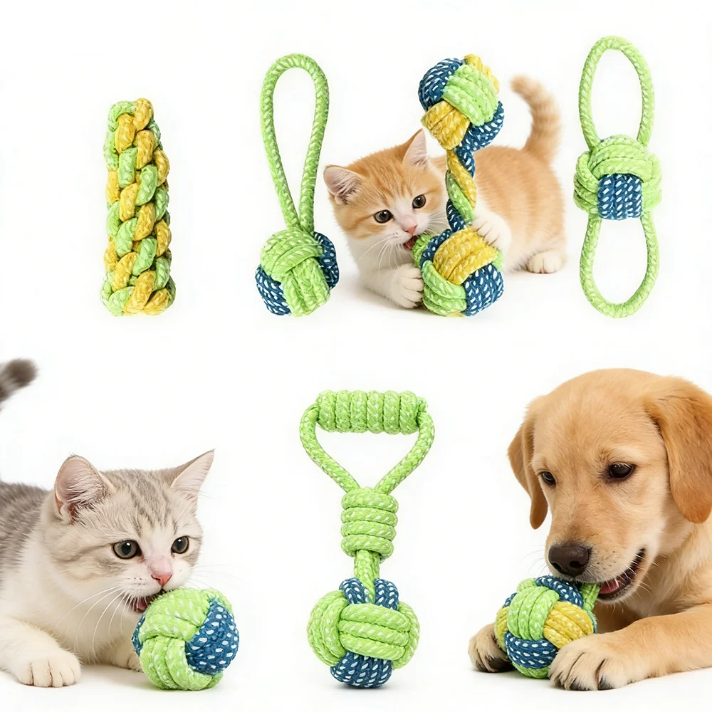 Durable Cotton Rope Pet Toys, Interactive Dog Toothbrush Chew Balls for Small Large Dogs, Puppy Training Accessories