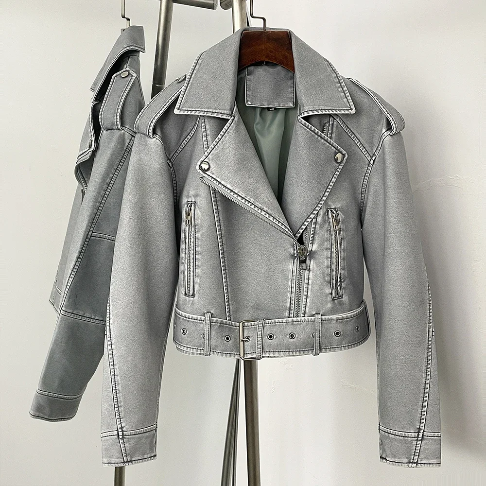Jaqueta de couro falso feminino outono curto topo roupas manga longa casaco de couro falso eco-amigável primavera jaqueta do plutônio bolsos femininos