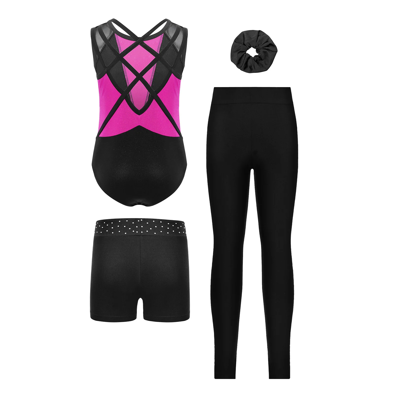 Kids Girls Gymnastics Rhythmic Dance Ballet Jazz Set Metallic Sleeveless Crisscross Back Shiny Rhinestones Color Block Leotards