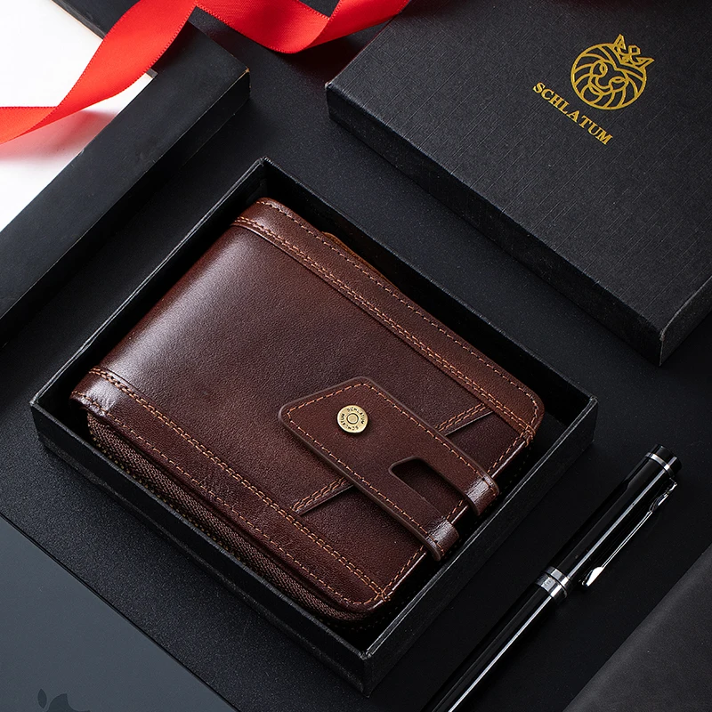 

SCHLATUM Men's Genuine Leather Zipper Wallet Short Style RFID Anti-Theft Card Holder Thick Handmade Secure Money Bag