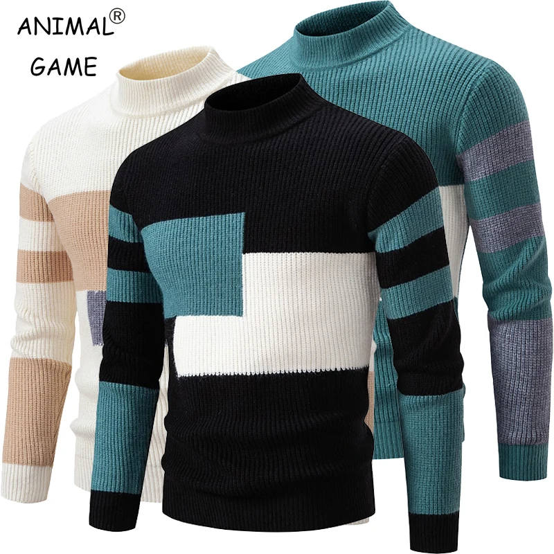 New Men's Autumn Casual Mock Neck Sweater Knit Pullover Tops Winter Warm Man Clothes Half Turtleneck Streetwear