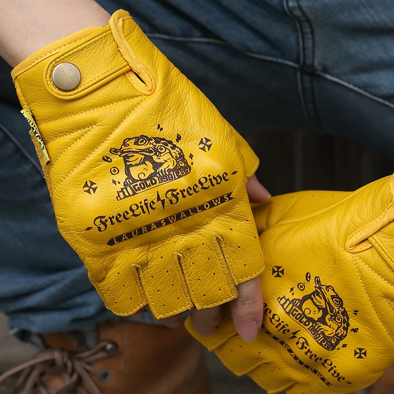 夏用黄色牛革ハーフフィンガーバイクグローブ、オープンフィンガ - Yellow Cycling Gear のレビューと価格