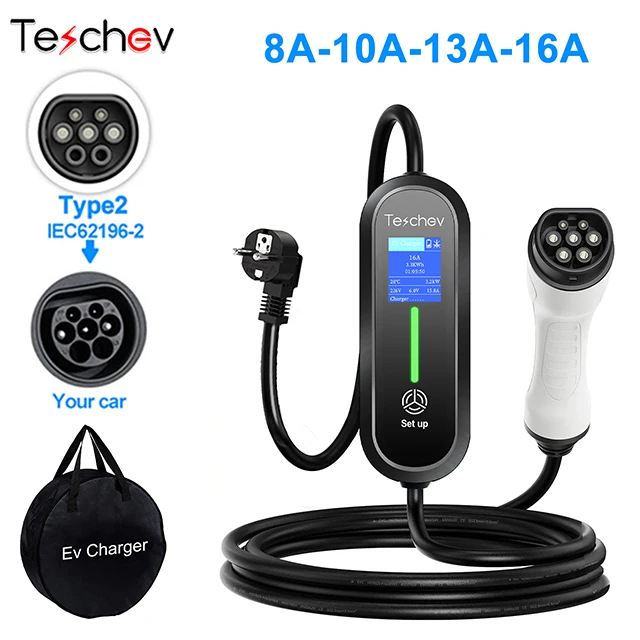 Teschev EV Draagbare Oplader Type2 Connector 16A 1 Fase 3.5KW Type1 3.5m Wallbox Laadstation voor Elektrische Voertuig