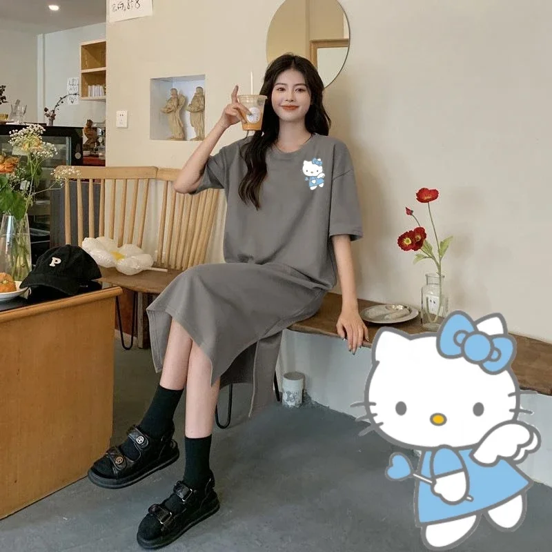 Miniso Hellokitty T-shirt Dress Sanrio Blue Kitcat Printing Cute Women Super Lone Style Light Gray Colour Shortsleeve Soft Skirt