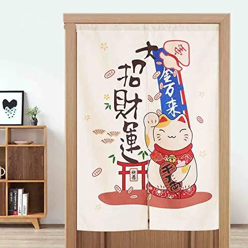 Cute Maneki-neko Art Noren Curtain, Lucky Cat with Torii Gate & Fortune Pattern, Japanese Style Curtain for Bedroom Cafe