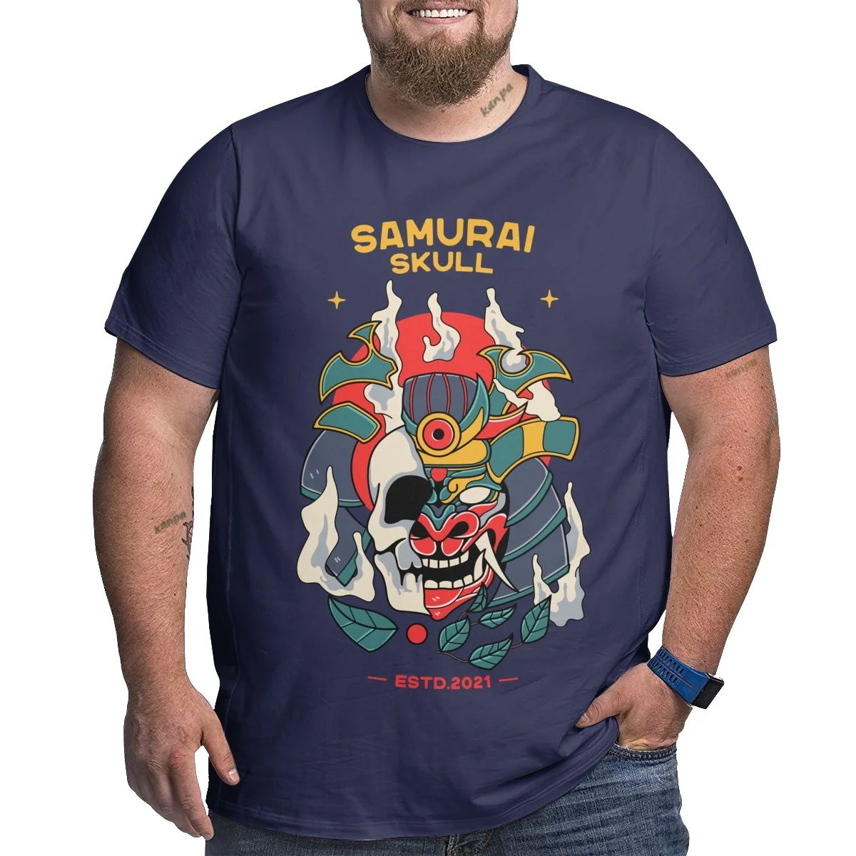 Samurai Skull Graphic T Shirts for Big and Tall Men Cotton Short Sleeve Plus Size T-shirts High Street Top Tees Clothing XL-6XL